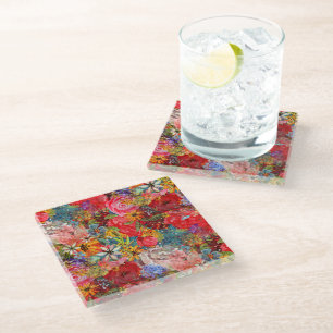 Beautiful Bright Colorful Abstract Floral Pattern Glass Coaster