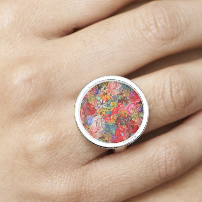 Beautiful Bright Colorful Abstract Floral Pattern Ring (In Situ)