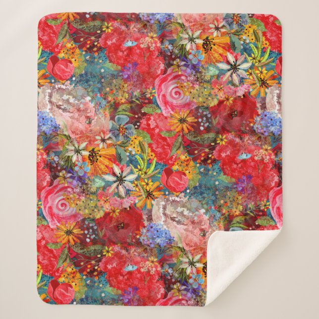 Beautiful Bright Colorful Abstract Floral Pattern Sherpa Blanket (Front)