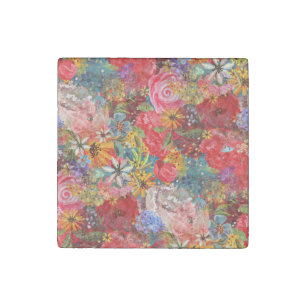 Beautiful Bright Colorful Abstract Floral Pattern Stone Magnet