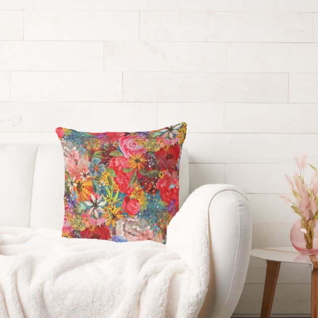 Beautiful Bright Colorful Abstract Floral Pattern Throw Pillow (Couch)