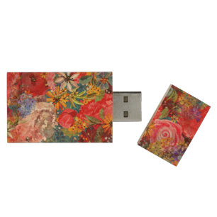 Beautiful Bright Colorful Abstract Floral Pattern Wood Flash Drive