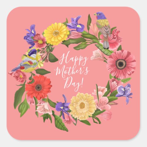 Beautiful Bright Floral Wreath Happy Mothers Day  Square Sticker