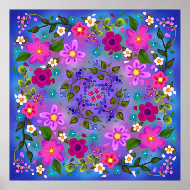 Beautiful Bright Pink Flowers and Blue Berries 