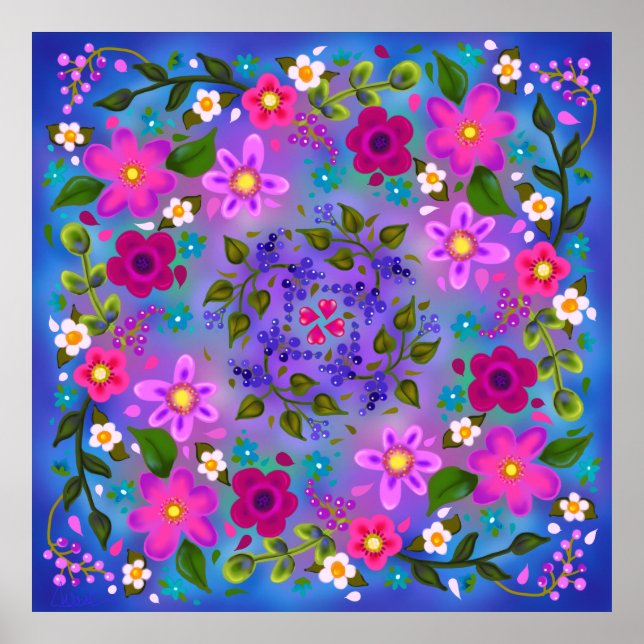 Beautiful Bright Pink Flowers and Blue Berries  Poster (Front)