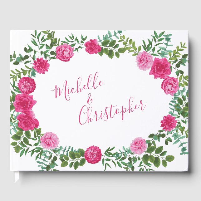 Beautiful Bright Pink Wedding Roses Floral Guest Book (Front)