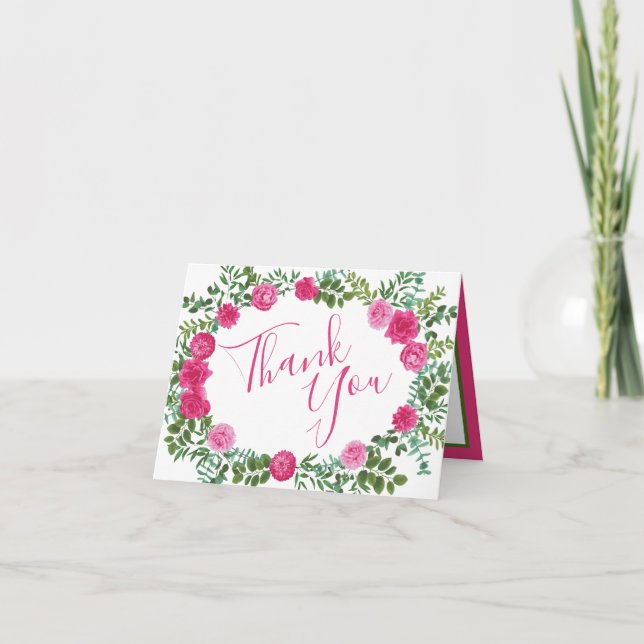Beautiful Bright Pink Wedding Roses Floral Thank You Card (Front)