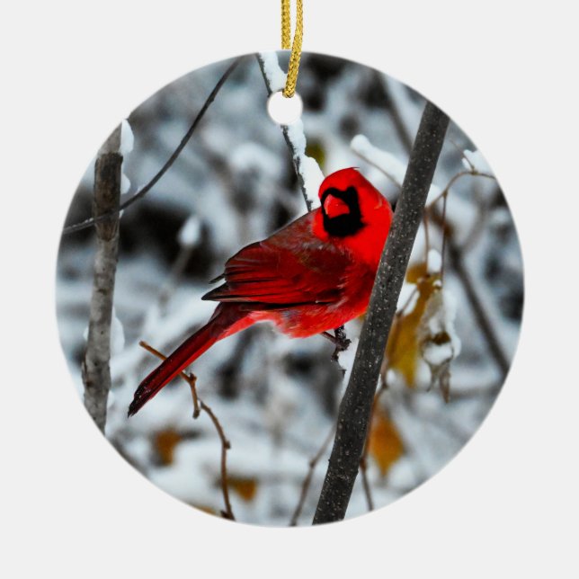 Beautiful Bright Red Cardinal in the Snow Ceramic Ornament (Front)