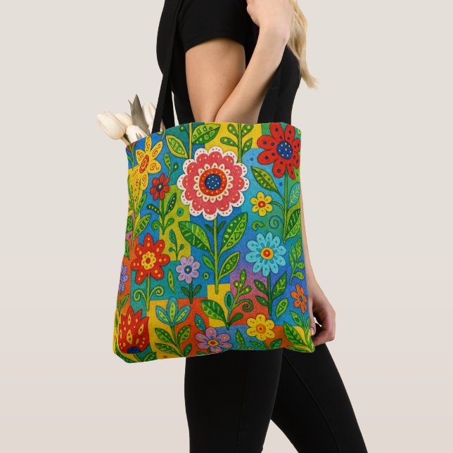 Beautiful Bright Whimsical Flowers Tote Bag (Close Up)