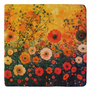 Beautiful Bright Zen Garden Flowers Ceramic Tile Trivet