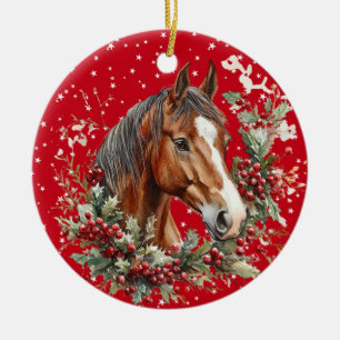 BEAUTIFUL BROWN AND WHITE CHRISTMAS HORSE CERAMIC ORNAMENT