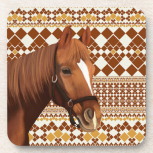 Beautiful Brown horse on Earthy Geometric Pattern  Beverage Coaster