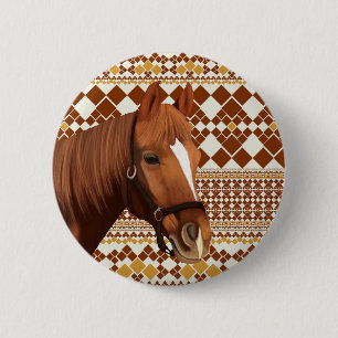 Beautiful Brown horse on Earthy Geometric Pattern Button