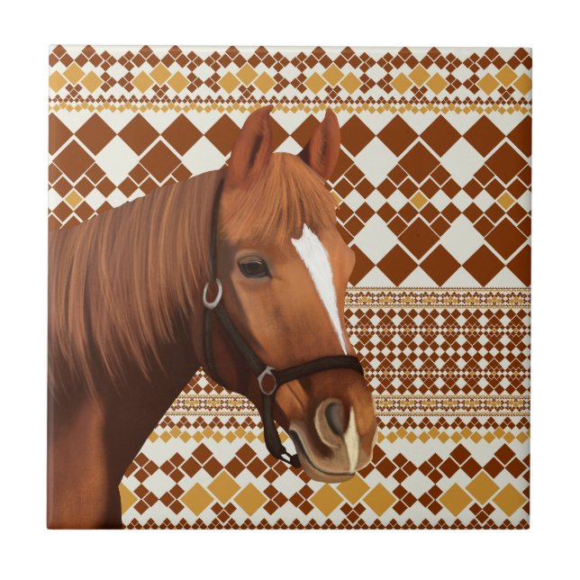 Beautiful Brown horse on Earthy Geometric Pattern  Ceramic Tile (Front)