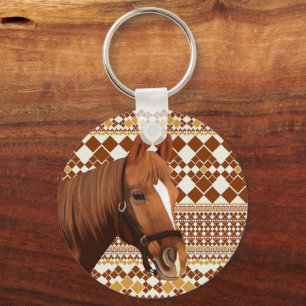 Beautiful Brown horse on Earthy Geometric Pattern Keychain