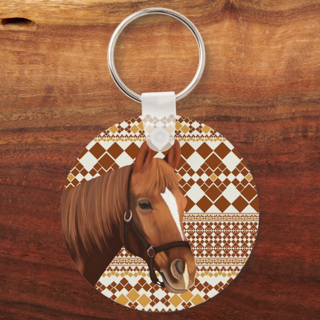 Beautiful Brown horse on Earthy Geometric Pattern  Keychain (Back)