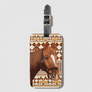 Beautiful Brown horse on Earthy Geometric Pattern Luggage Tag