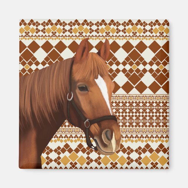 Beautiful Brown horse on Earthy Geometric Pattern  Magnet (Front)