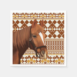 Beautiful Brown horse on Earthy Geometric Pattern  Napkins