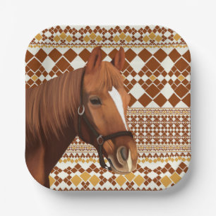 Beautiful Brown horse on Earthy Geometric Pattern Paper Plates