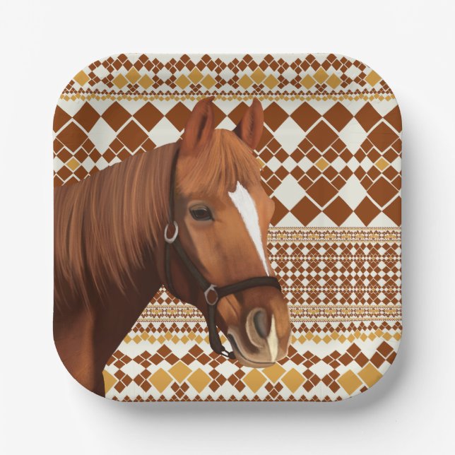 Beautiful Brown horse on Earthy Geometric Pattern  Paper Plates (Front)