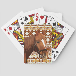 Beautiful Brown horse on Earthy Geometric Pattern Poker Cards