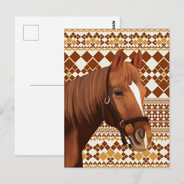 Beautiful Brown Horse on Earthy Geometric Pattern Postcard (Front/Back)