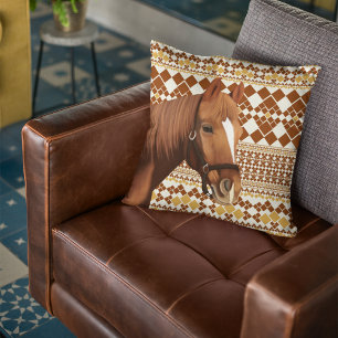 Beautiful Brown horse on Earthy Geometric Pattern Throw Pillow