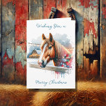 Beautiful Brown Horse on Farm Christmas Card<br><div class="desc">Personalized Christmas card. Wishing you a calm and cozy Christmas. Pretty watercolor brown horse behind a rustic fence with a barn in the background on a snowy winter day.</div>