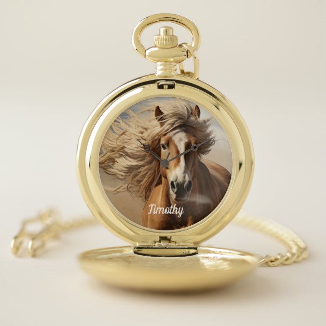 Beautiful Brown Horse Running  Pocket Watch (Inside)