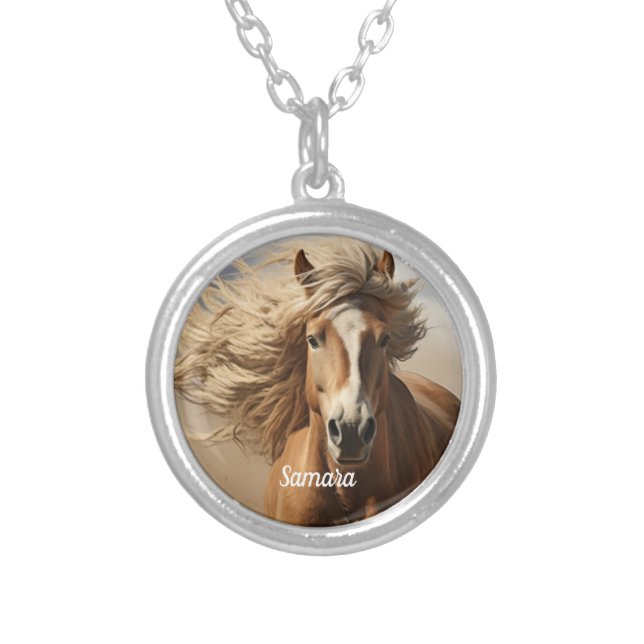 Beautiful Brown Horse Running  Silver Plated Necklace (Front)