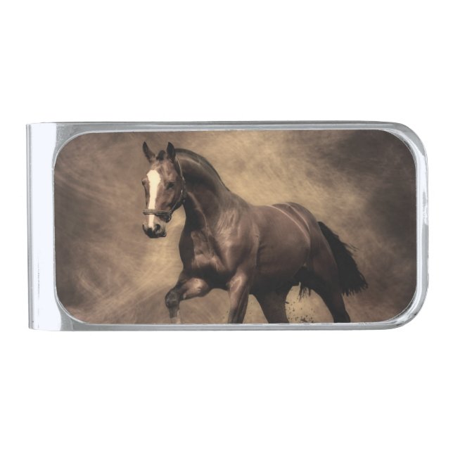 Beautiful brown horse throw pillow silver finish money clip (Front)