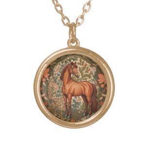 Beautiful Brown Horse William Morris Inspired Gold Plated Necklace
