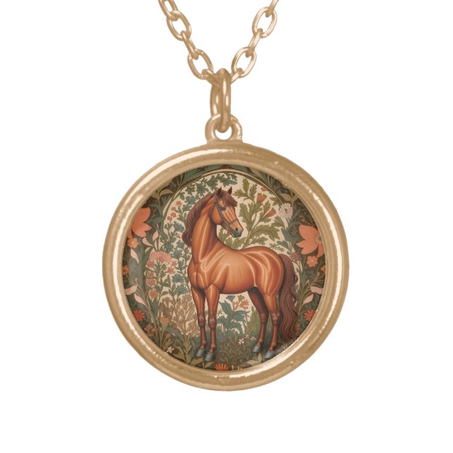 Beautiful Brown Horse William Morris Inspired  Gold Plated Necklace (Front)