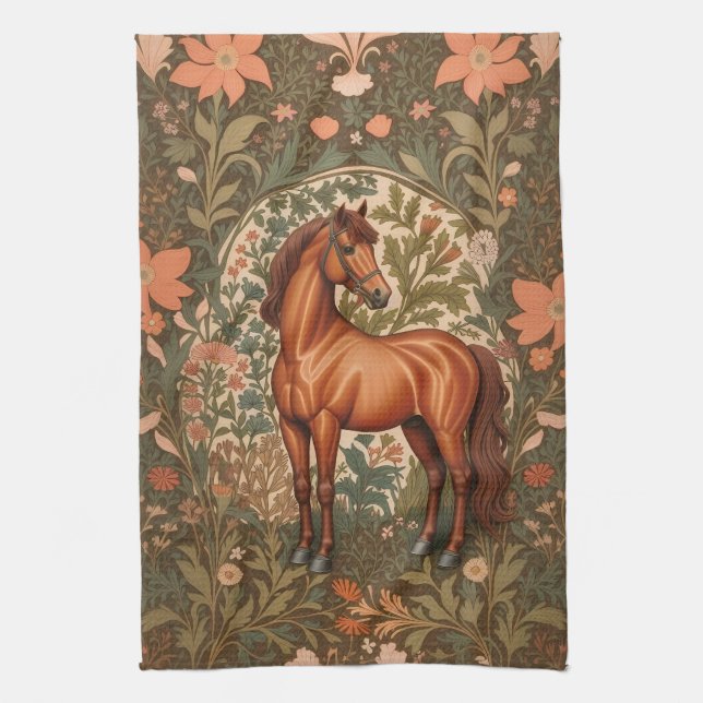 Beautiful Brown Horse William Morris Inspired  Kitchen Towel (Vertical)
