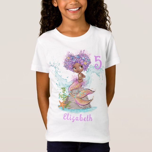 Beautiful Brown Mermaid Birthday Girl T-Shirt (Front)