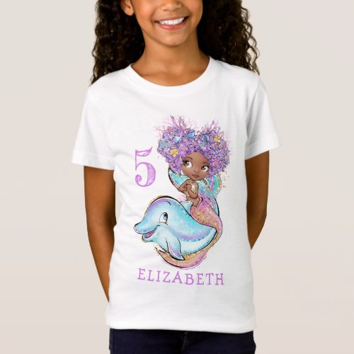 Beautiful Brown Mermaid Birthday Girl T_Shirt