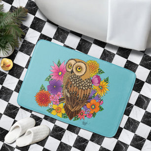Beautiful Brown Owl Colorful Flower Bouquet Bath Mat