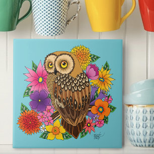 Beautiful Brown Owl Colorful Flower Bouquet Ceramic Tile