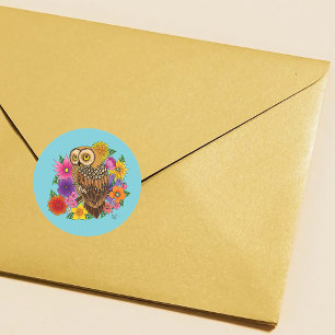 Beautiful Brown Owl Colorful Flower Bouquet Classic Round Sticker