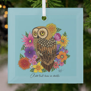 Beautiful Brown Owl Colorful Flower Bouquet Glass Ornament