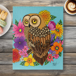 Beautiful Brown Owl Colorful Flower Bouquet Jigsaw Puzzle