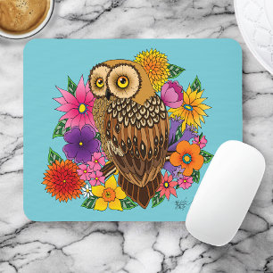 Beautiful Brown Owl Colorful Flower Bouquet Mouse Pad