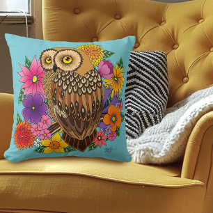 Beautiful Brown Owl Colorful Flower Bouquet Throw Pillow