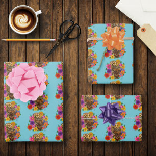 Beautiful Brown Owl Colorful Flower Bouquet Wrapping Paper Sheets