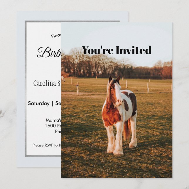 Beautiful Brown Paint Draft Horse Photo Birthday Invitation (Front/Back)