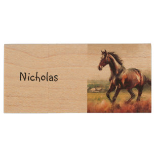 Beautiful Brown Running Horse Animal Nature Art Wood Flash Drive