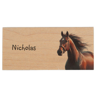 Beautiful Brown Running Horse Animal Nature Art Wood Flash Drive