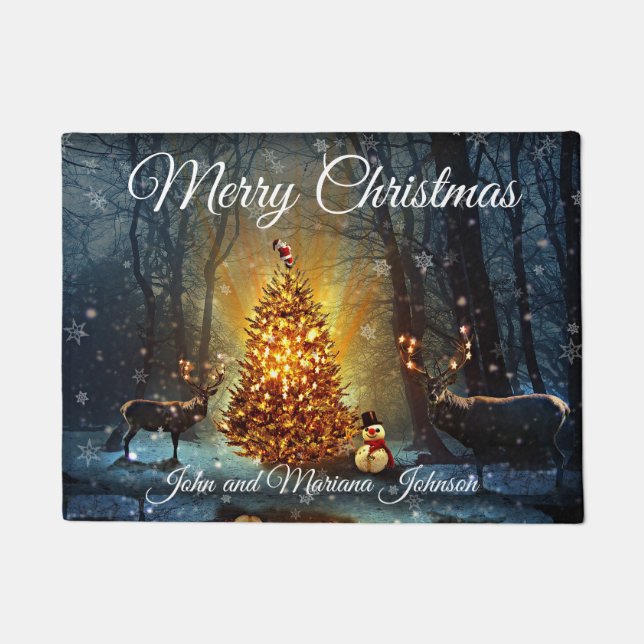 Beautiful Bucks In a Christmas Forest Doormat (Front)