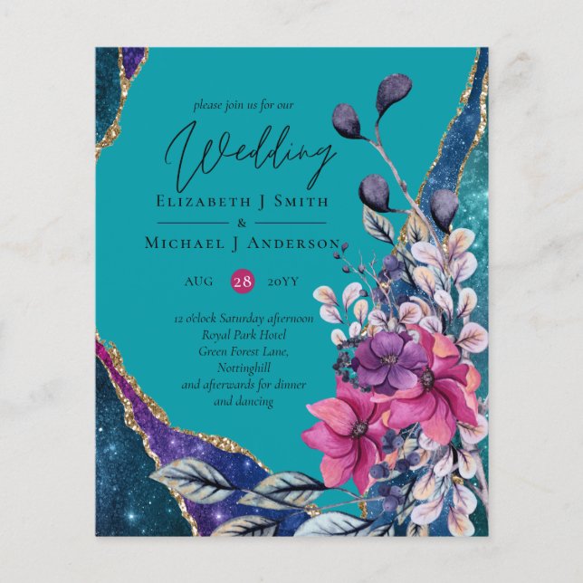 Beautiful BUDGET Purple Teal Floral Agate Wedding  Flyer (Front)